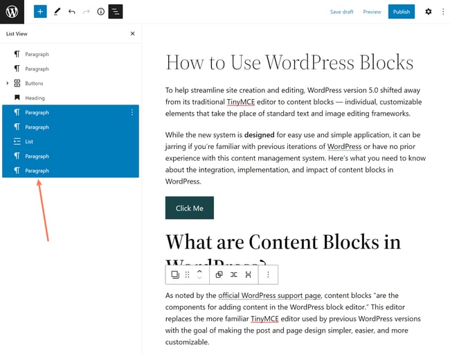 WordPress blocks, Multiple paragraph and list blocks selected in list view of Gutenberg editor