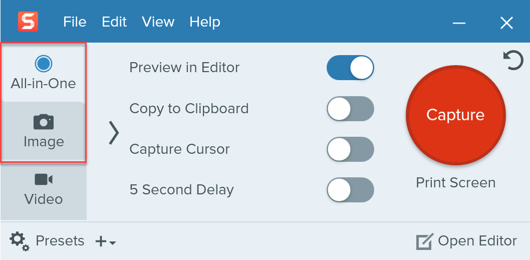 The Snagit user interface with different screenshot options