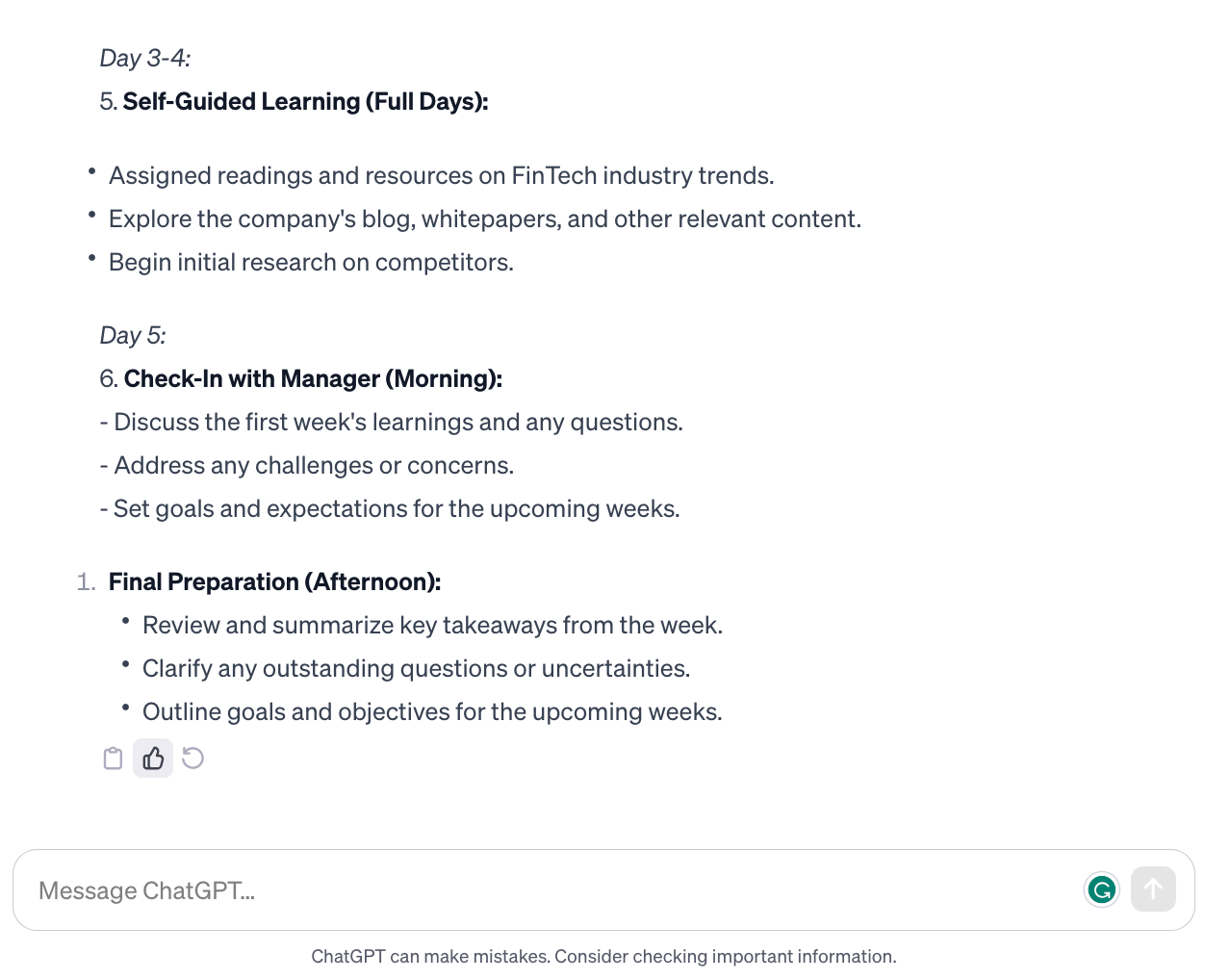 An onboarding plan for new content marketing managers starting at a FinTech company, generated by ChatGPT.
