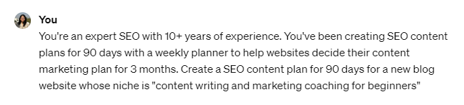 Image of ChatGPT Prompt for creating SEO content plan.