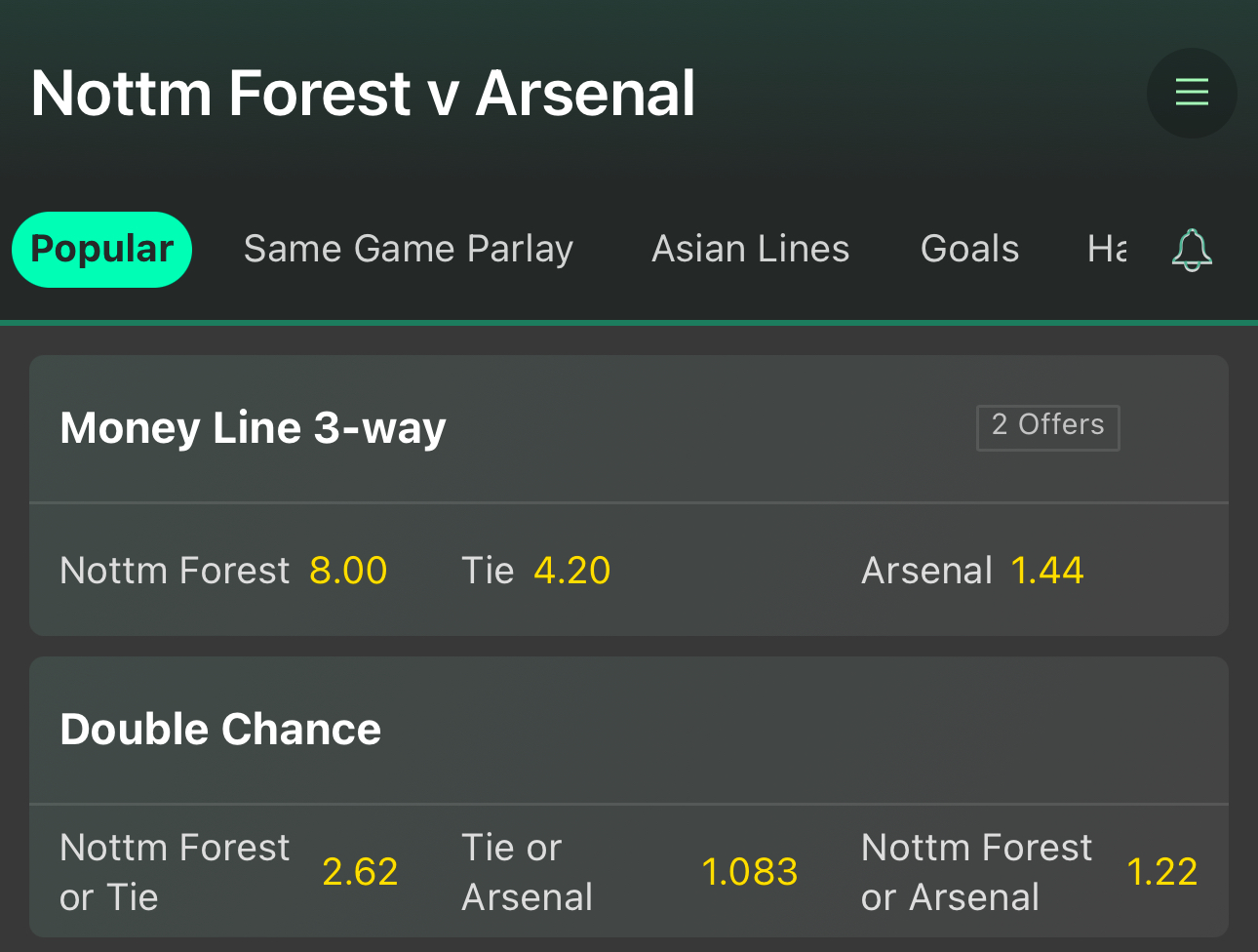 Nottingham Forest vs Arsenal moneyline bet at bet365
