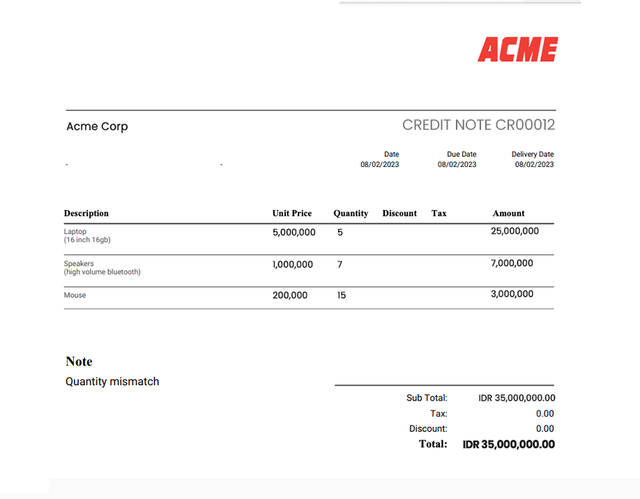 credit note sample