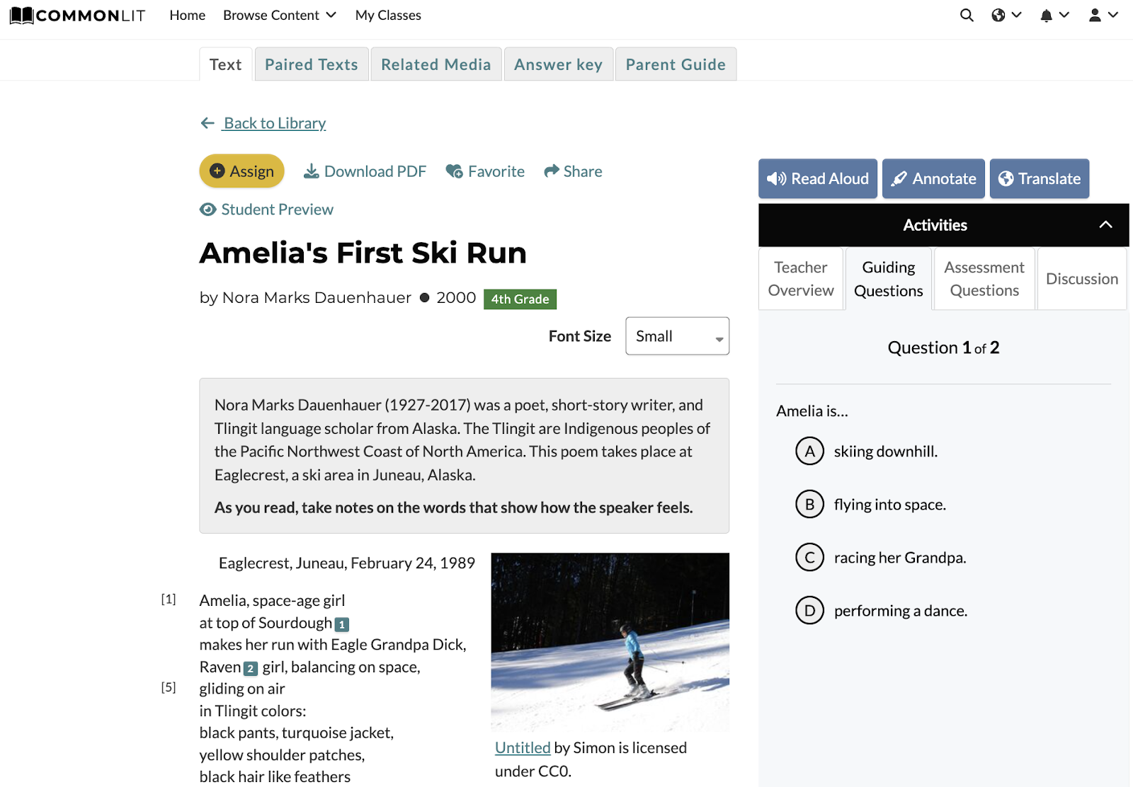 Screenshot of a short poem about winter, called “Amelia’s First Ski Run,” from the CommonLit Library.