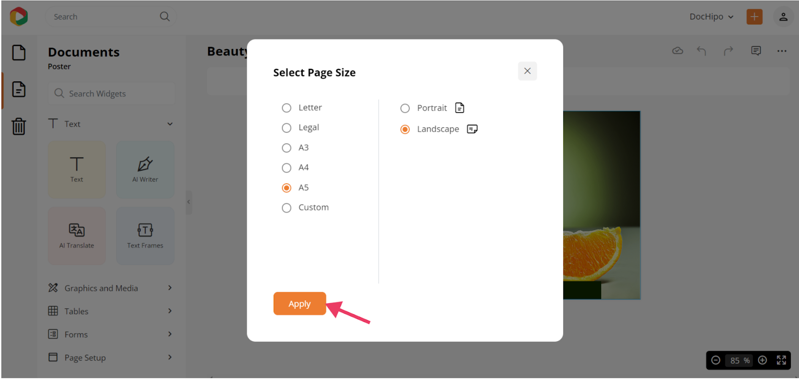 Select page size in DocHipo editor
