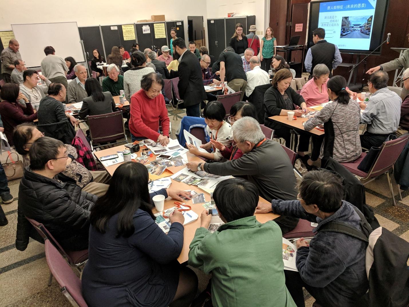 Groups of people gather around desks and look at papers as they participate in a visioning workshop.