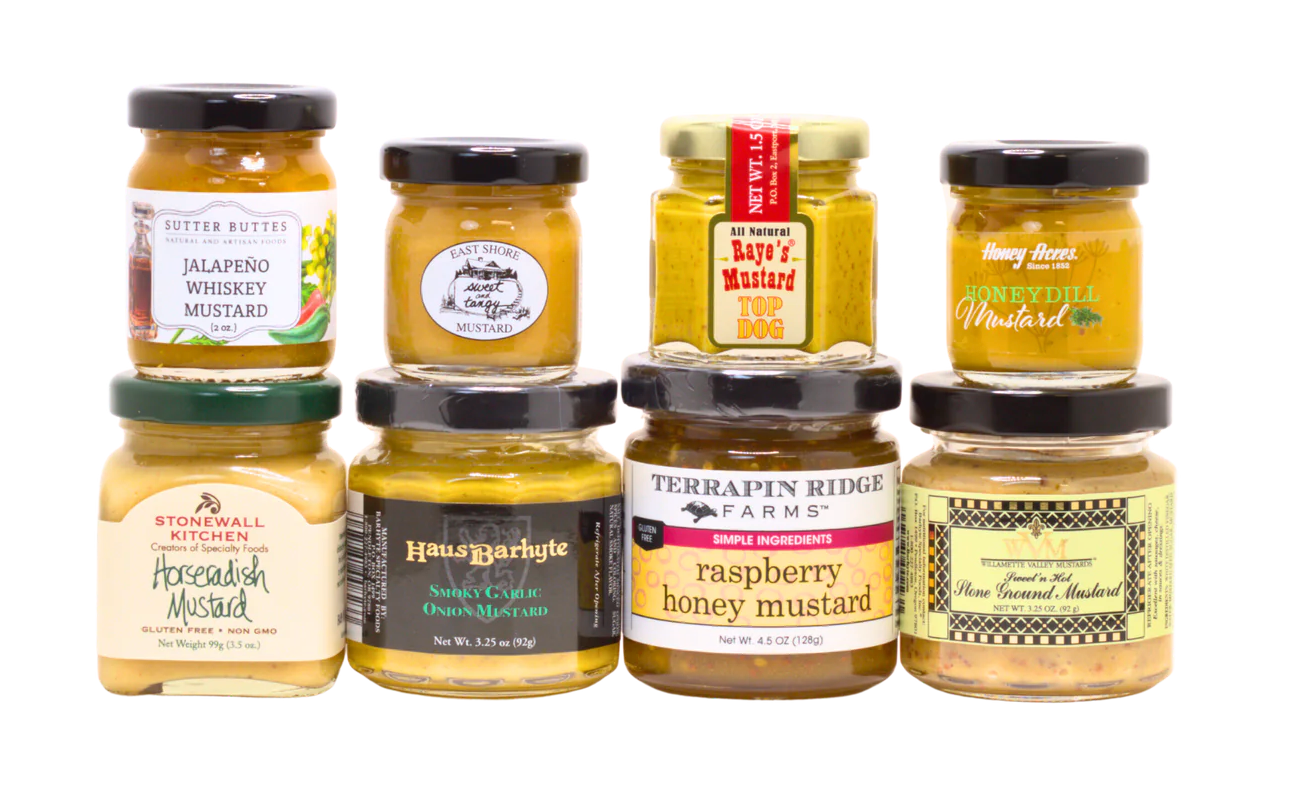 several jars of a variety of mustards