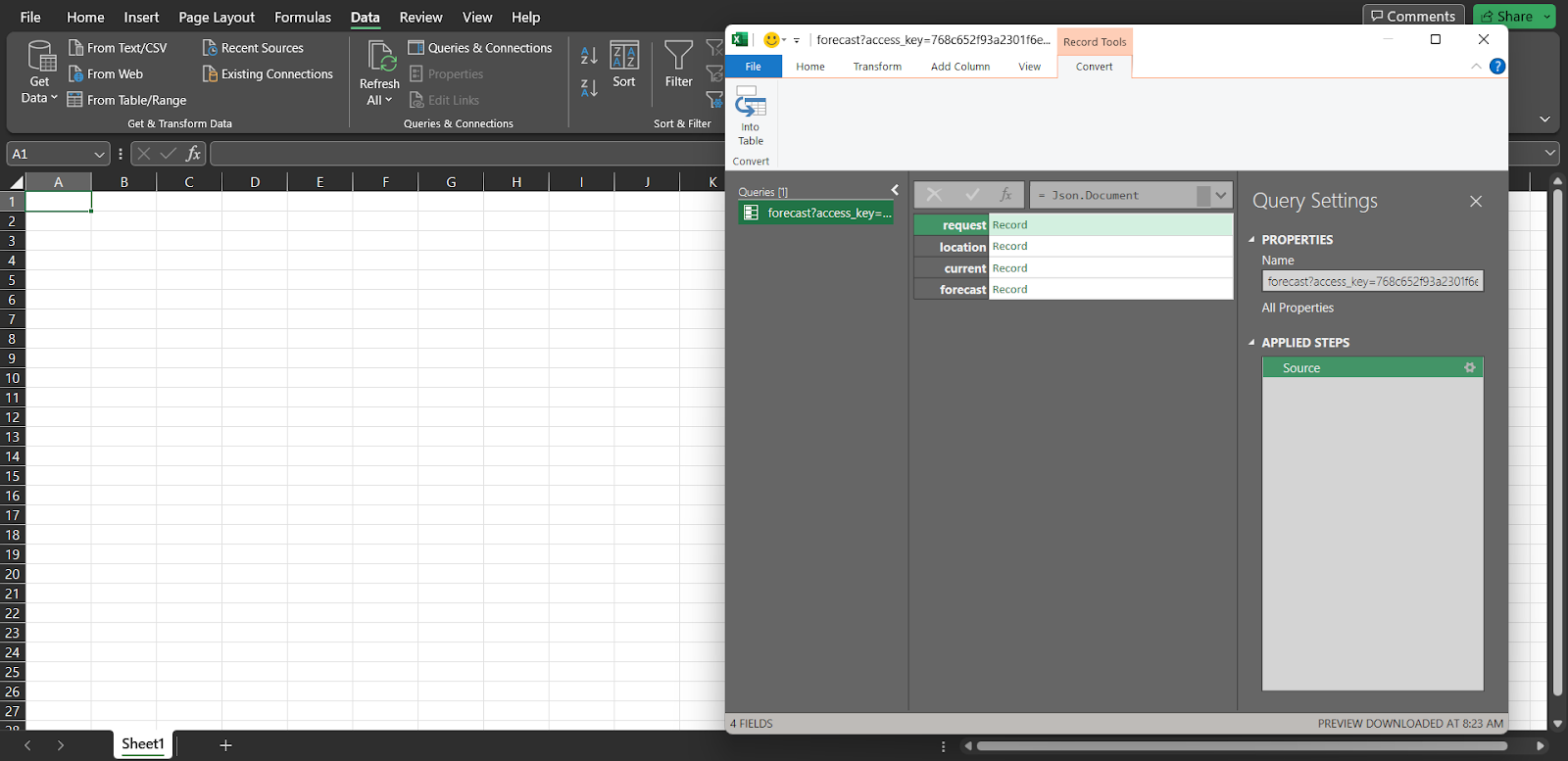 importing weather data in Excel