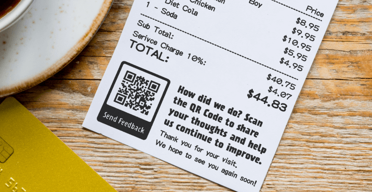 QR Code feedback request at the bottom of the restaurant bill.