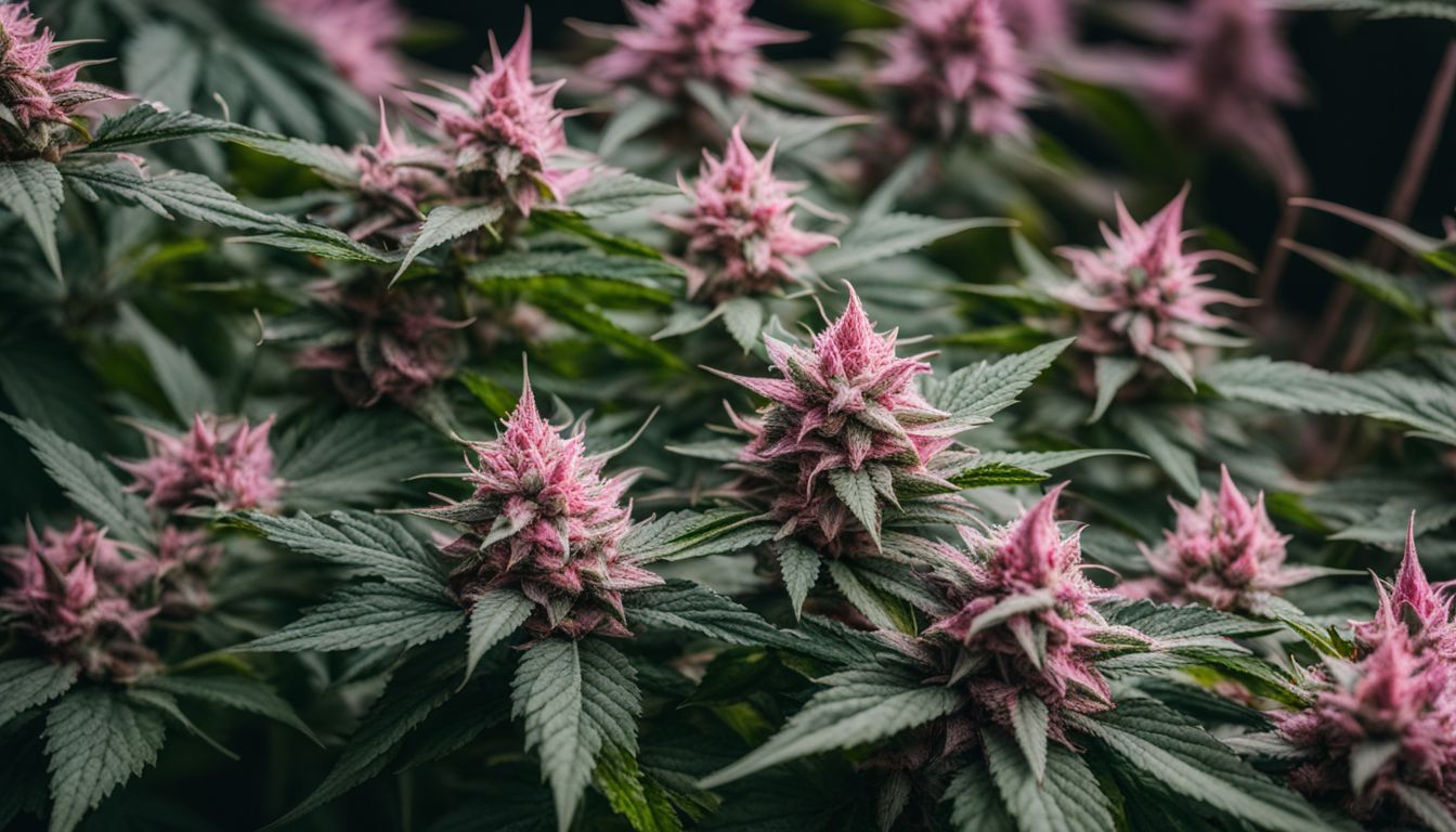 A photo of Greasy Pink Bubba cannabis buds surrounded by lush green leaves.