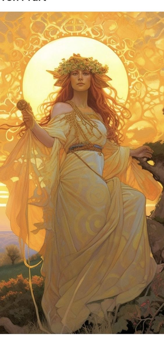 This artwork depicts Harmonia standing with utmost poise, adorned in a white gown with gold embellishments. The sun's radiant rays serve as a breathtaking backdrop, illuminating her magnificence and beauty.