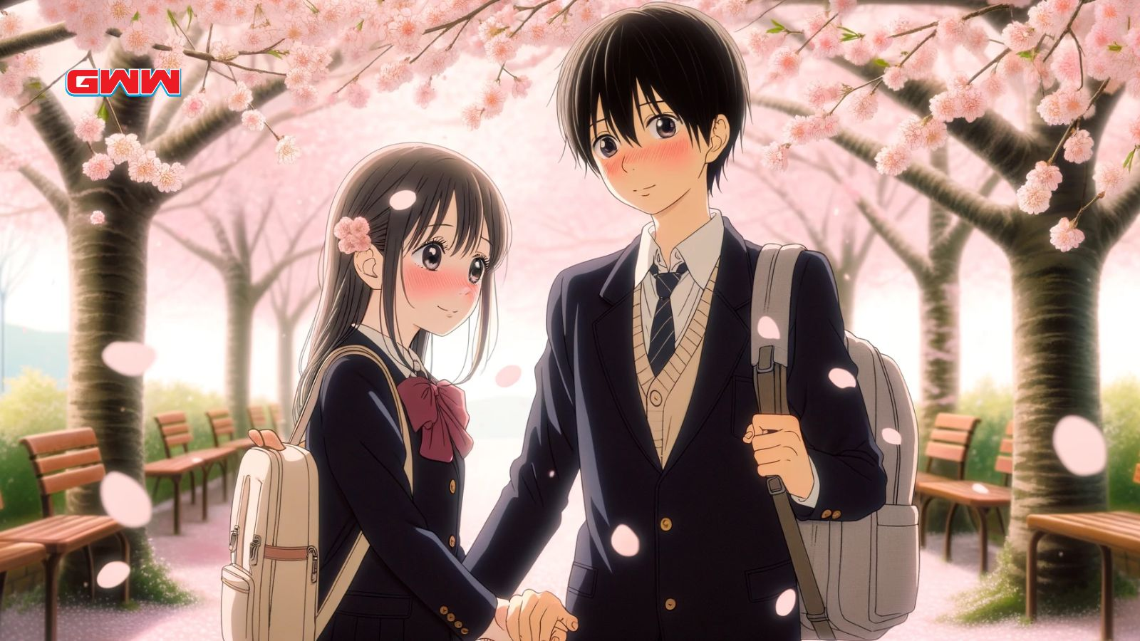 Kazehaya y Sawako bajo los cerezos en flor en el mejor anime de romance