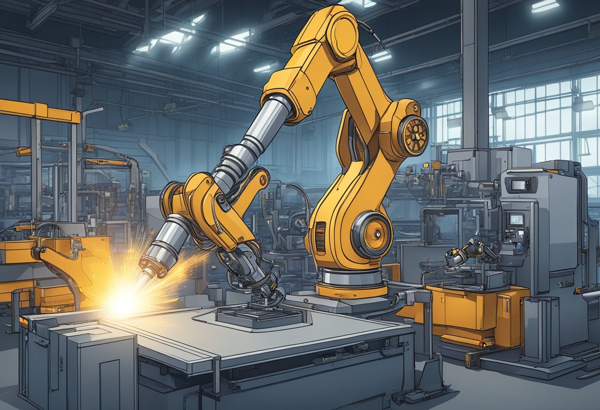 A robotic arm welds car parts in a factory. The arm moves with precision and speed, following a programmed path