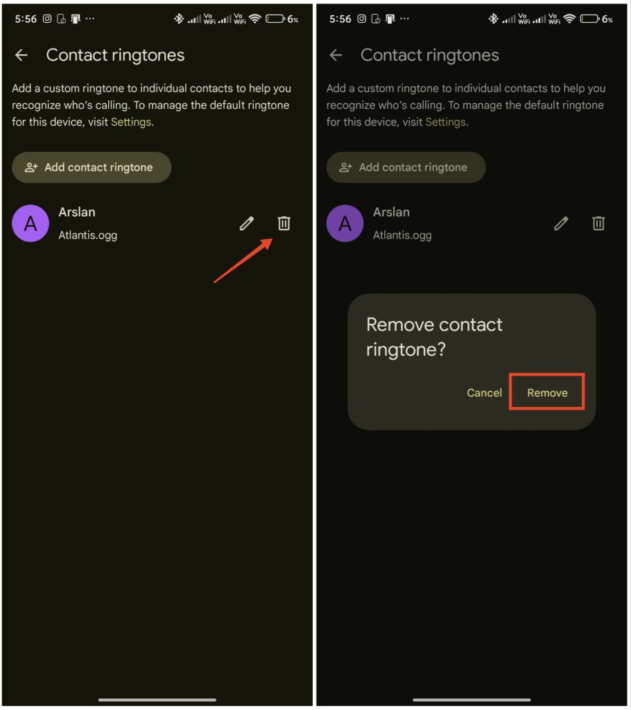 Remove custom contact ringtone