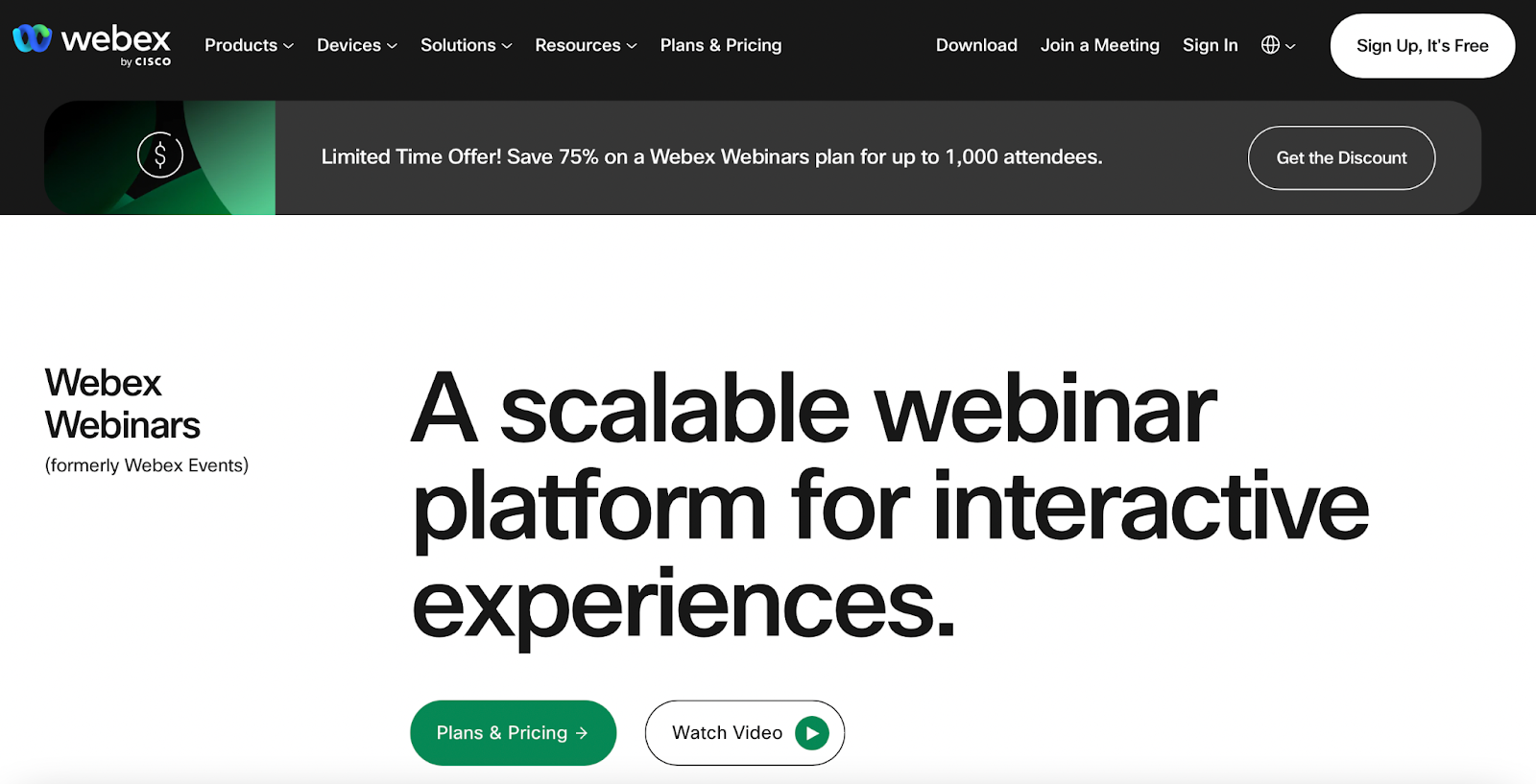 Screenshot of Webex homepage