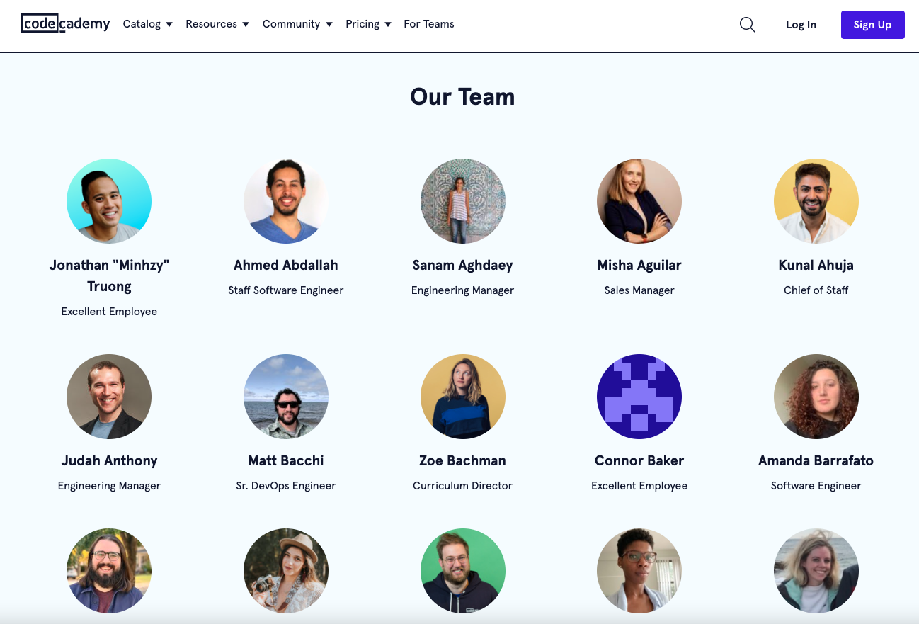A listing of the diverse professionals working at Codecademy.