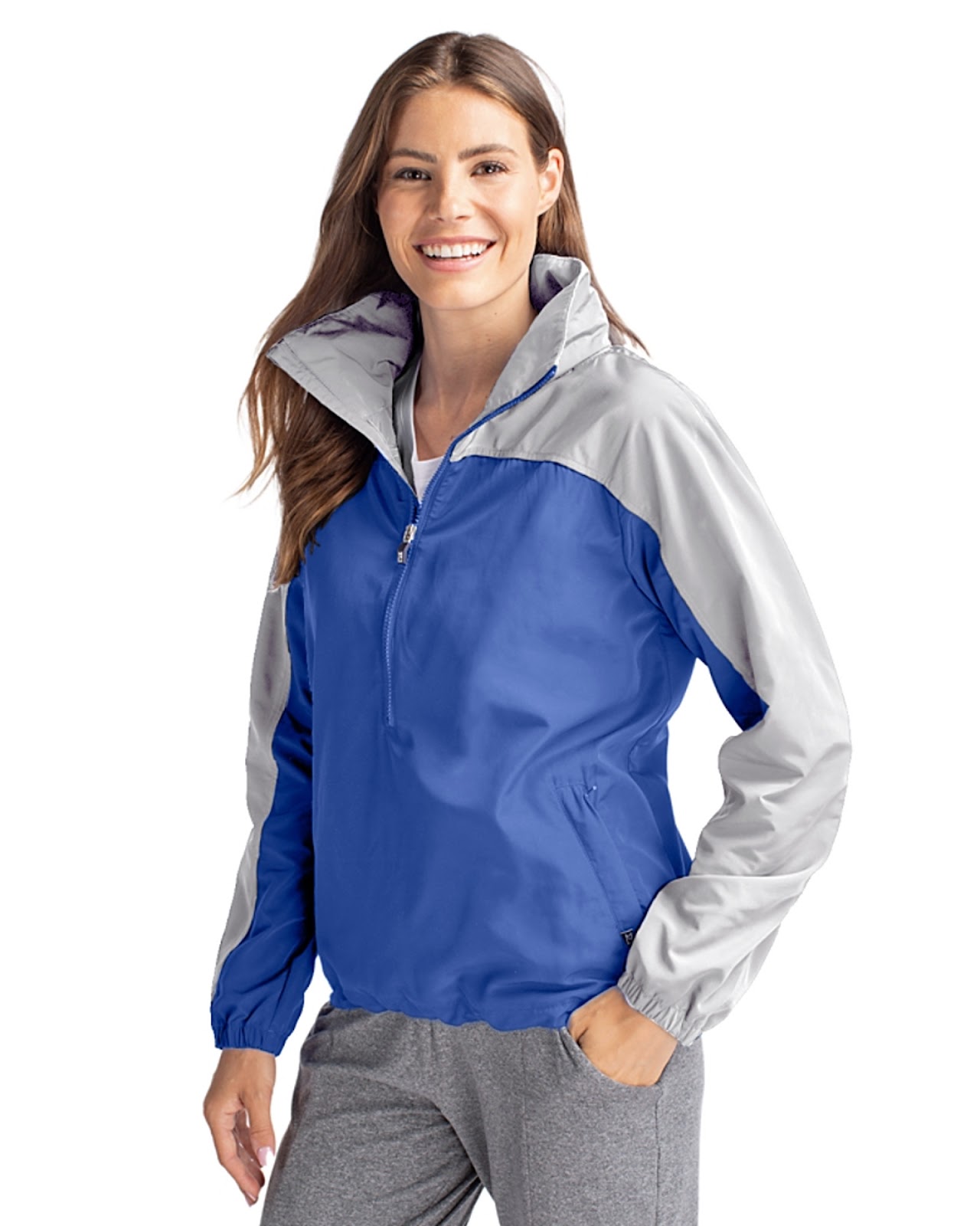 Woman wearing Cutter & Buck Charter Eco Recycled Womens Anorak Jacket in Tour Blue/Polished or Blue and Grey 