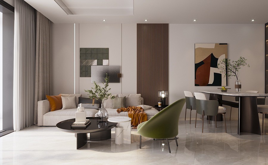 Sofa trắng đặt bên cạnh ghế đơn xanh lá cây tươi tắn tạo ra không gian vừa tinh tế vừa mới mẻ trong phòng khách căn hộ 50m2