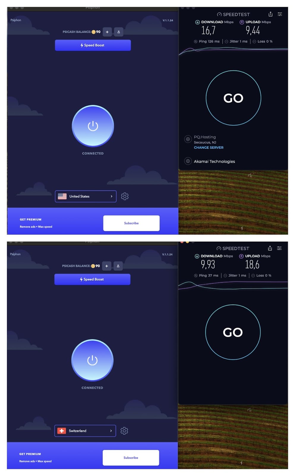Psiphon for macOS shows its speed capabilities