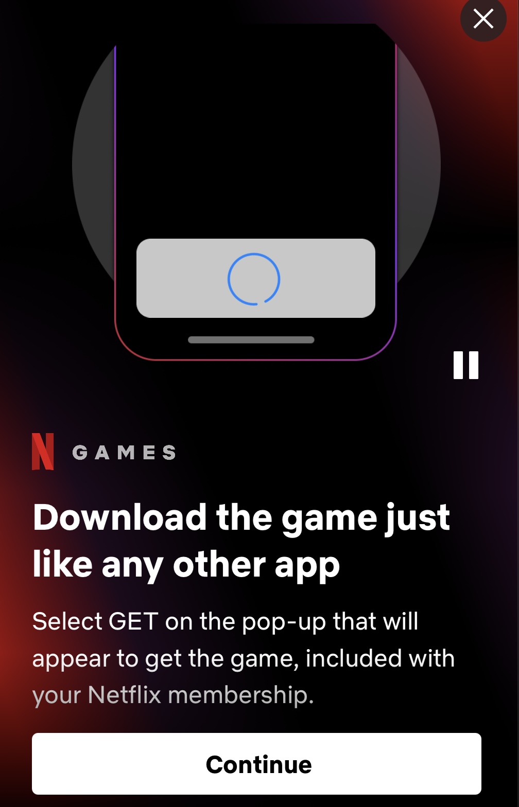 An in app screenshot of the mobile games download pop up on Netflix. 