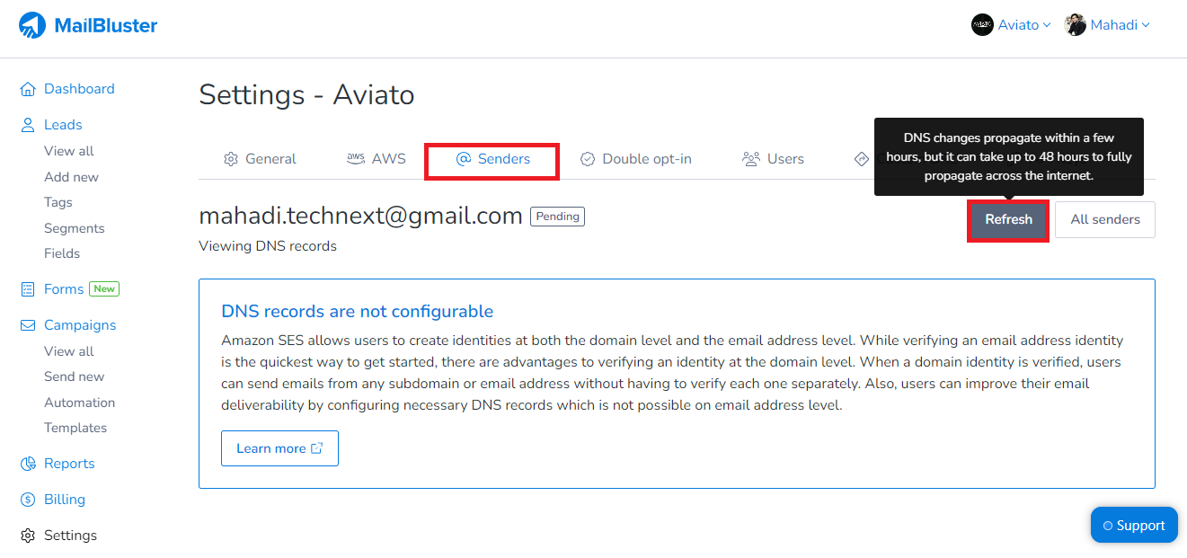 Refresh in email address verification