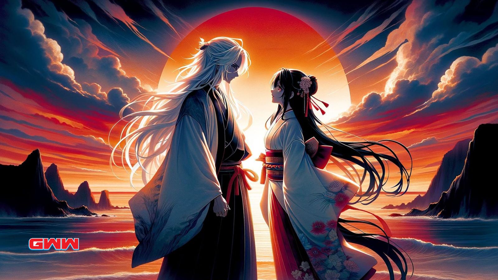 A widescreen, anime-style image of a timeless anime couple standing on a cliff overlooking the ocean at sunset. 