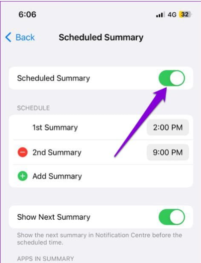 Click on the toggle next to Scheduled Summary to disable it