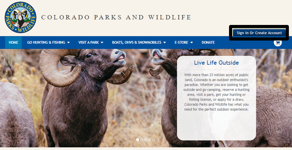 Colorado Parks and Wildlife purchase site. Highlighting the "Sign In or Create Account" link in the upper right-hand corner. 
