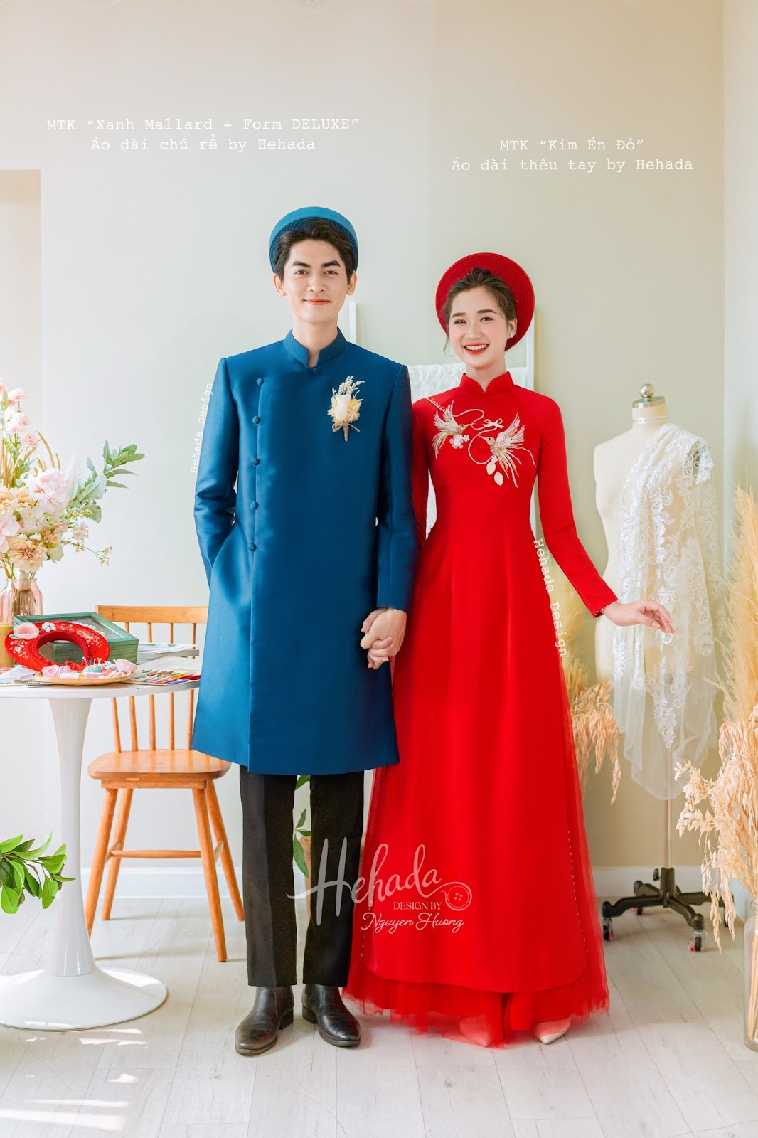 Couple áo dài nam Xanh Mallard & nữ Kim Én Đỏ