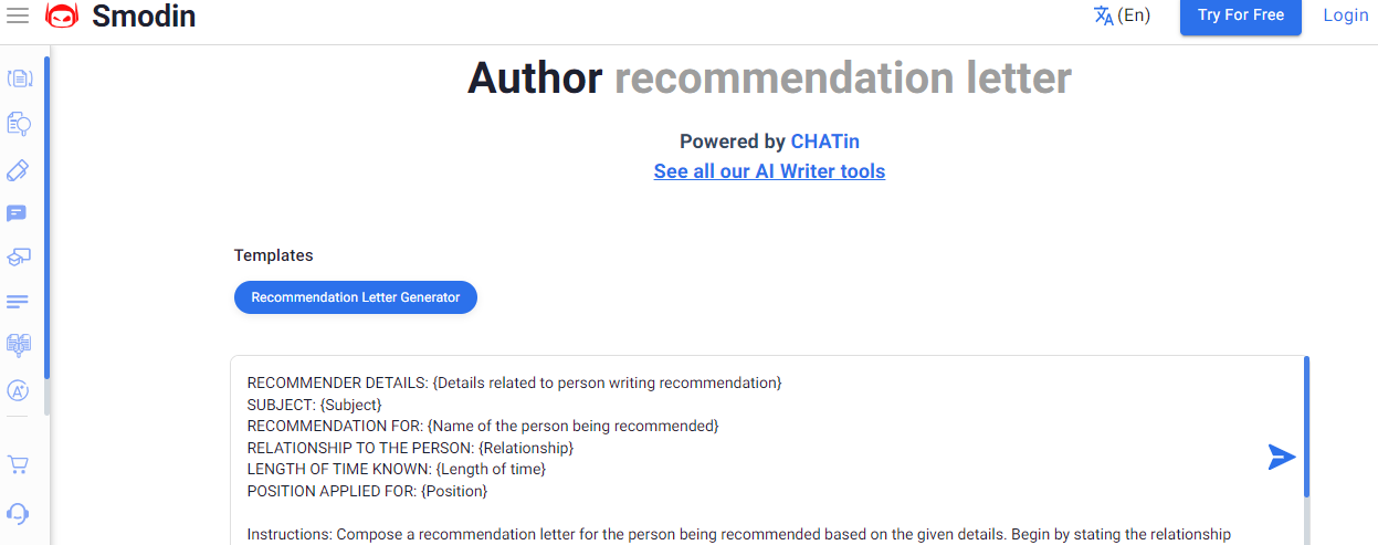 Smodin's Recommendation Letter Generator