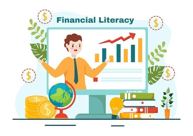 Financial literacy webinar vector illustration with finance management and budget in education