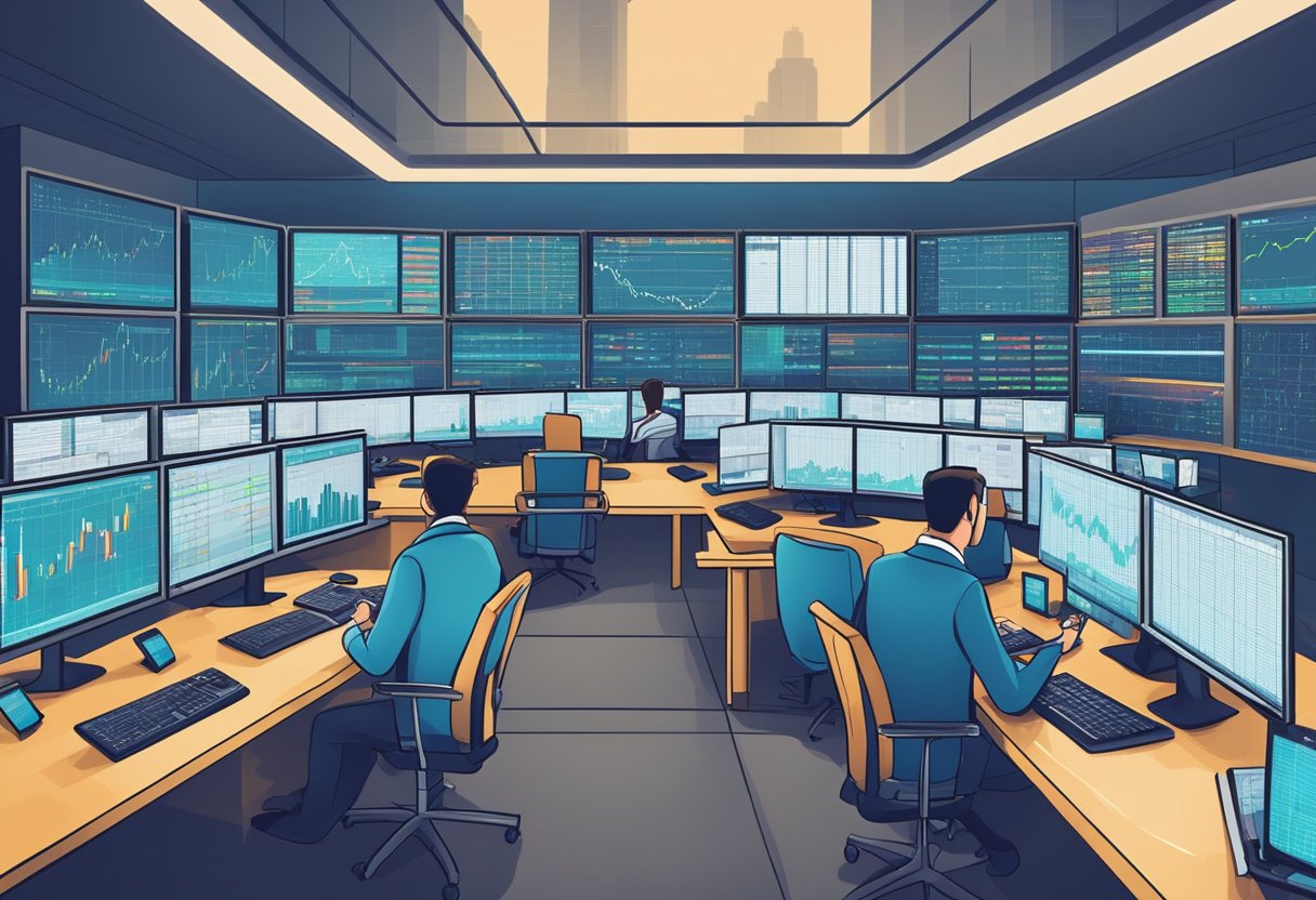 A busy trading floor with multiple screens displaying various stock charts and data. Traders are focused and engaged, executing their trading strategies with speed and precision