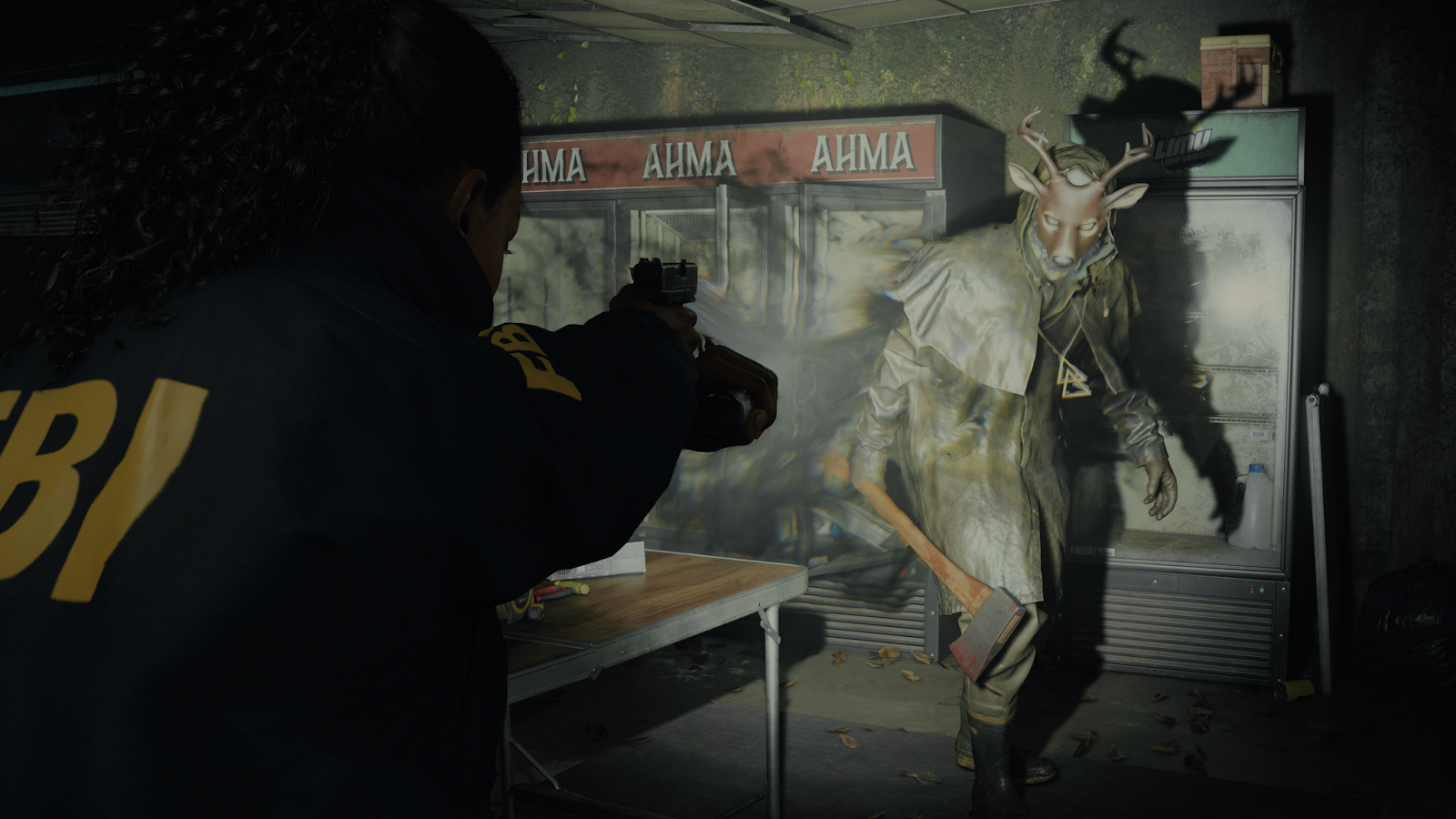 An in game screenshot of Saga fighting a cult member from Alan Wake 2. 