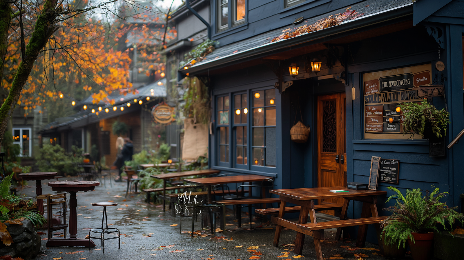 A quaint street café in Gastown, nestled among historic buildings, inviting passersby with its warm ambiance.