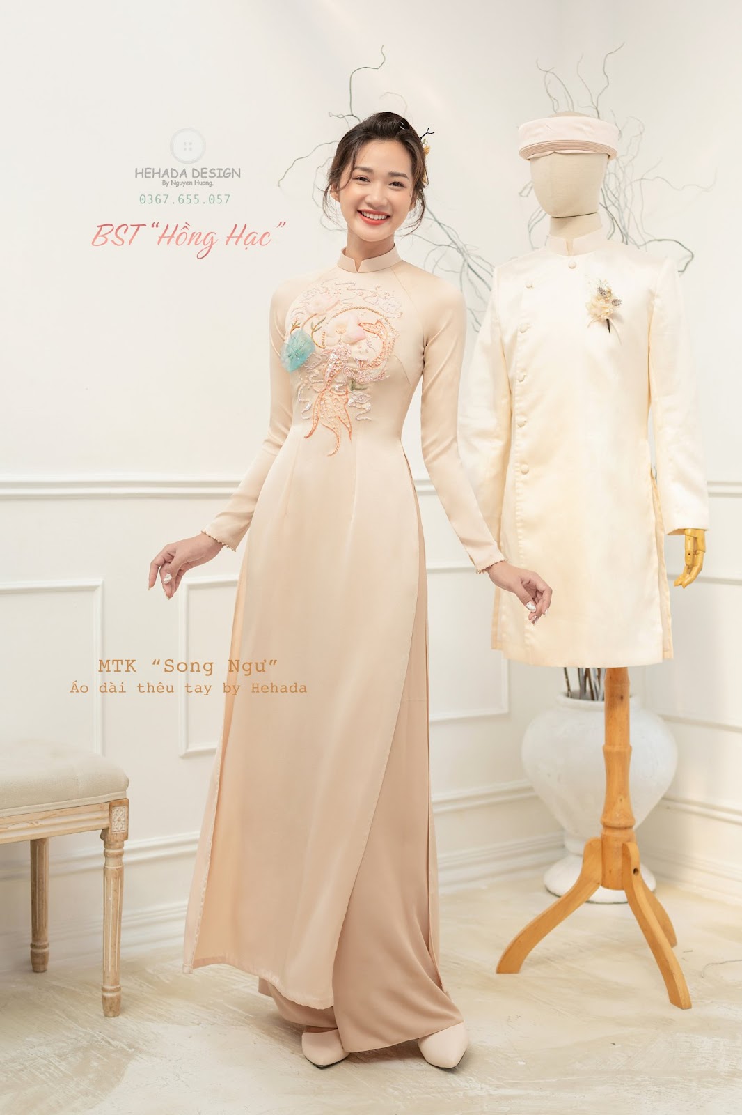 Cặp áo dài cô dâu chú rể Song Ngư Nude