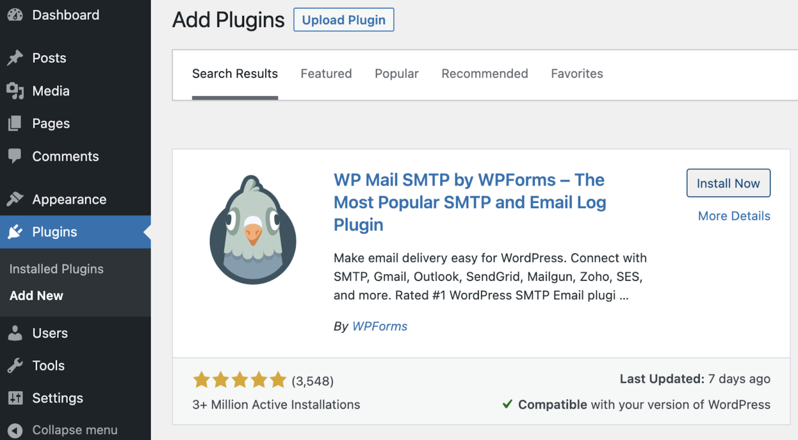 WordPress dashboard WP Mail SMTP plugin