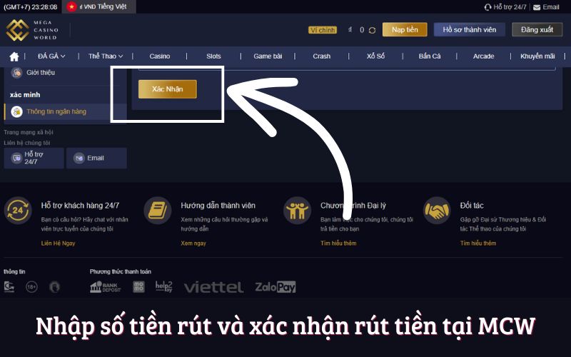 Nhập số tiền rút và xác nhận rút tiền tại MCW