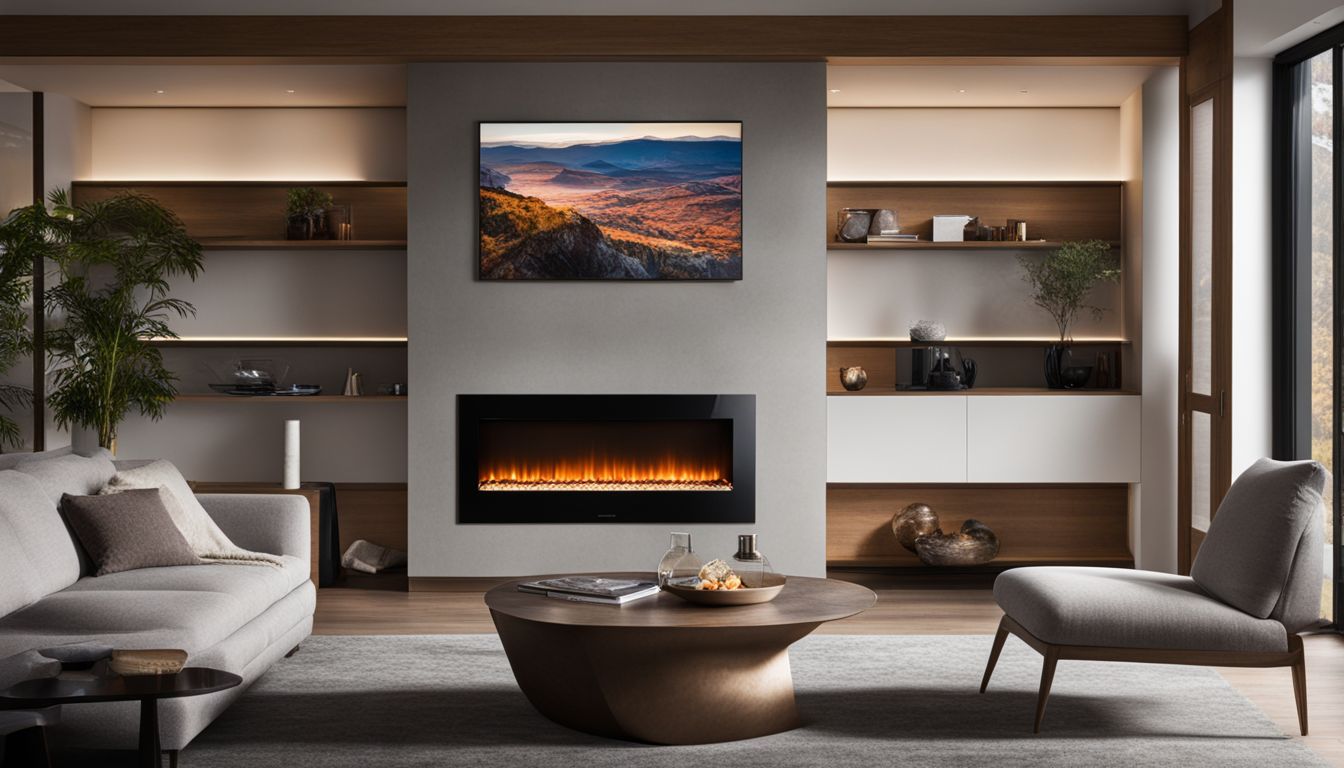 A variety of electric fireplaces displayed in a modern living room.