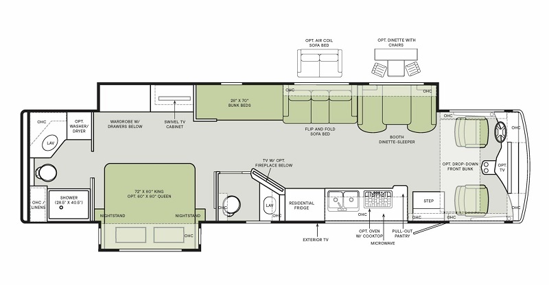 2024 best Class A motorhomes for full-timers Tiffin Open Road Allegro 36UA floor plan