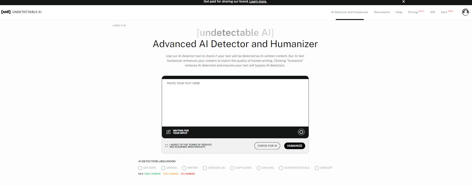The homepage for undetectable.ai's AI checker.