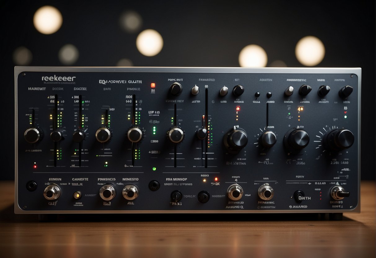 A parametric EQ and graphic EQ stand side by side, each with its own set of controls and sliders. The parametric EQ features knobs for adjusting frequency, bandwidth, and gain, while the graphic EQ displays a series of vertical sliders for adjusting specific