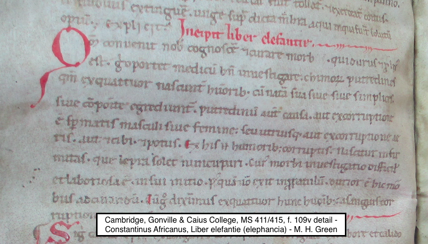 The first of two images from two medieval manuscripts. On the left, a manuscript page including the words in red, “Incipit liber elefantie” (Here begins the Book on Leprosy). On the right, a neatly written manuscript page with a red arrow and underlining flagging the words “Liber de lepra” (Book on Leprosy). Sources: Cambridge, Gonville and Caius College, MS 411/415, f. 109v; and Paris, Bibliothèque de la Sorbonne, MS 636, f. 26v.