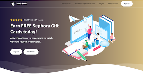 The Idle-Empire sign-up page offering Sephora gift cards as rewards for taking surveys, playing games, or watching videos.