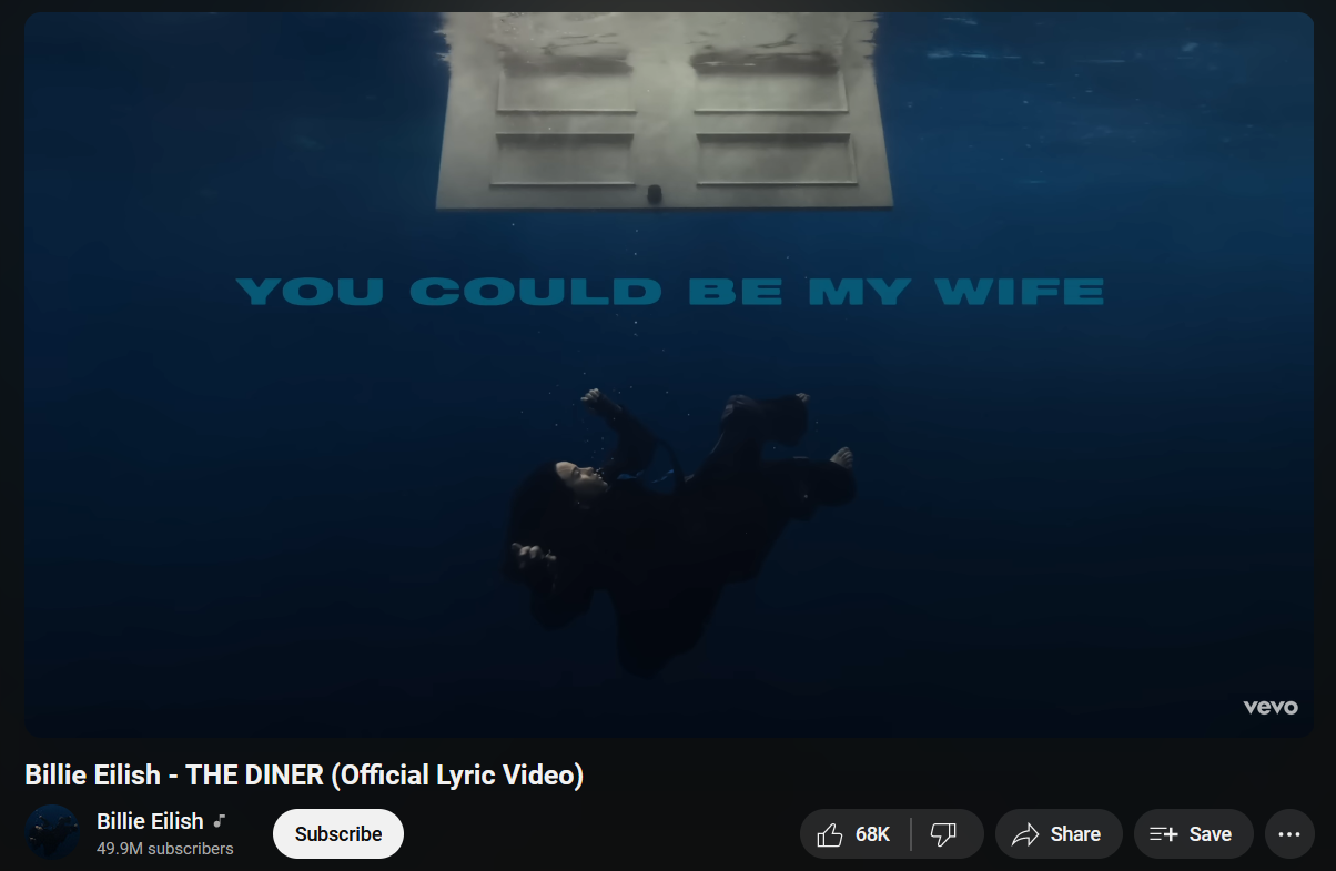 Screenshot of Billie Eilish's The Diner, showing the lyric 'you could be my wife'
