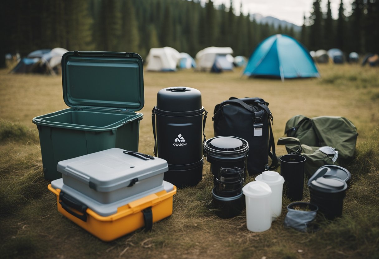 A campsite with organized gear, minimal impact on the environment, and proper waste disposal