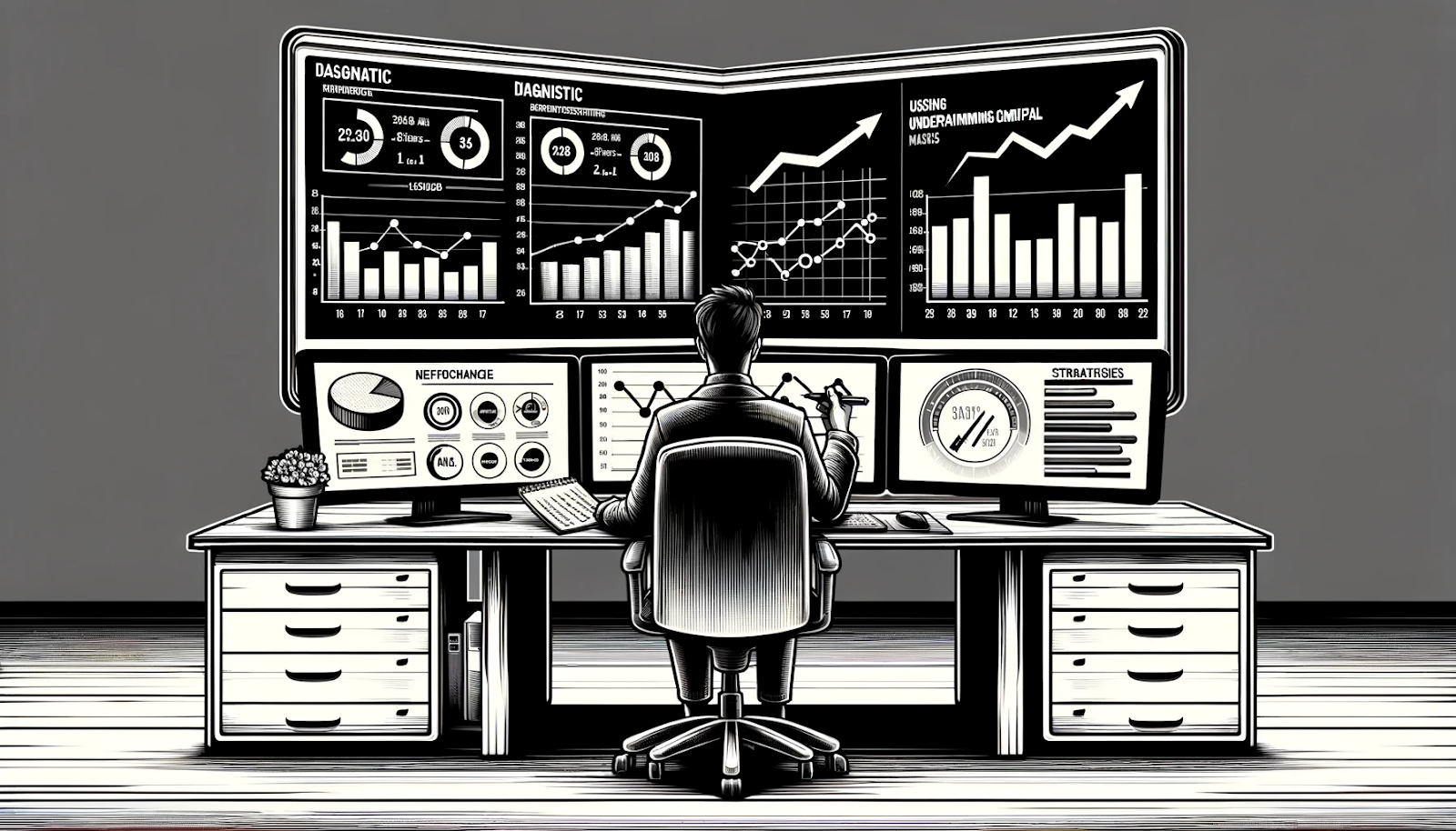 Person at desk facing multiple business performance monitoring screens.