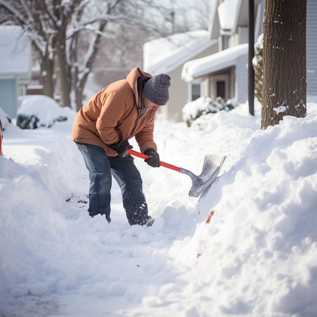 a man shoveling snow on the sidewalk