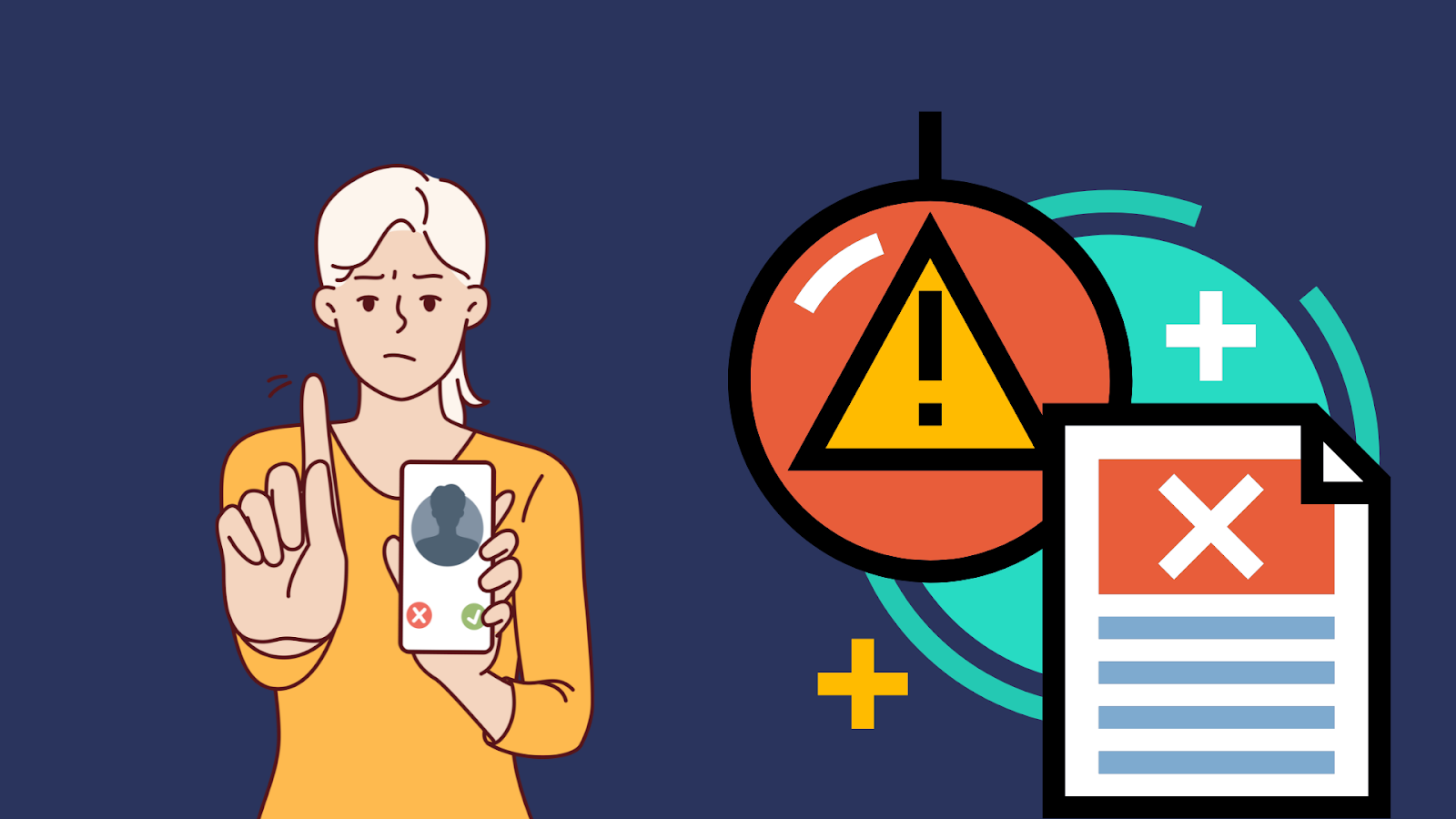 Graphic of a person holding a phone with a caution symbol, highlighting the importance of Phone Validator tools in screening calls for security.