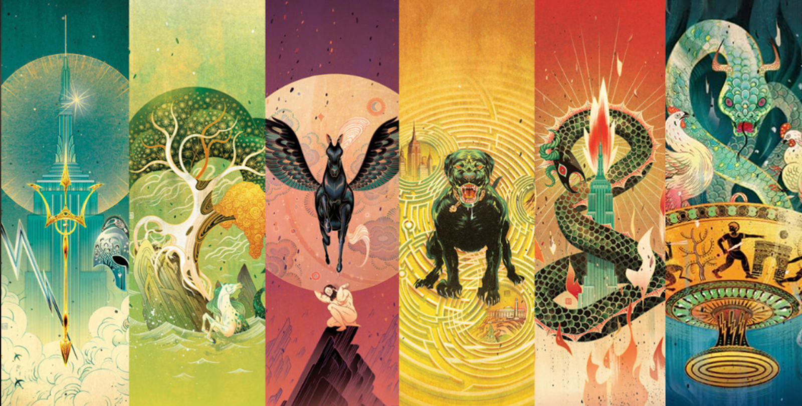 Recorte das capas dos 6 títulos de "Percy Jackson e Os Olimpianos", por Rick Riordan.