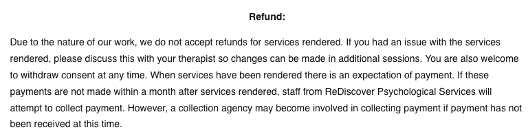 rediscover psychological services no refund policy example