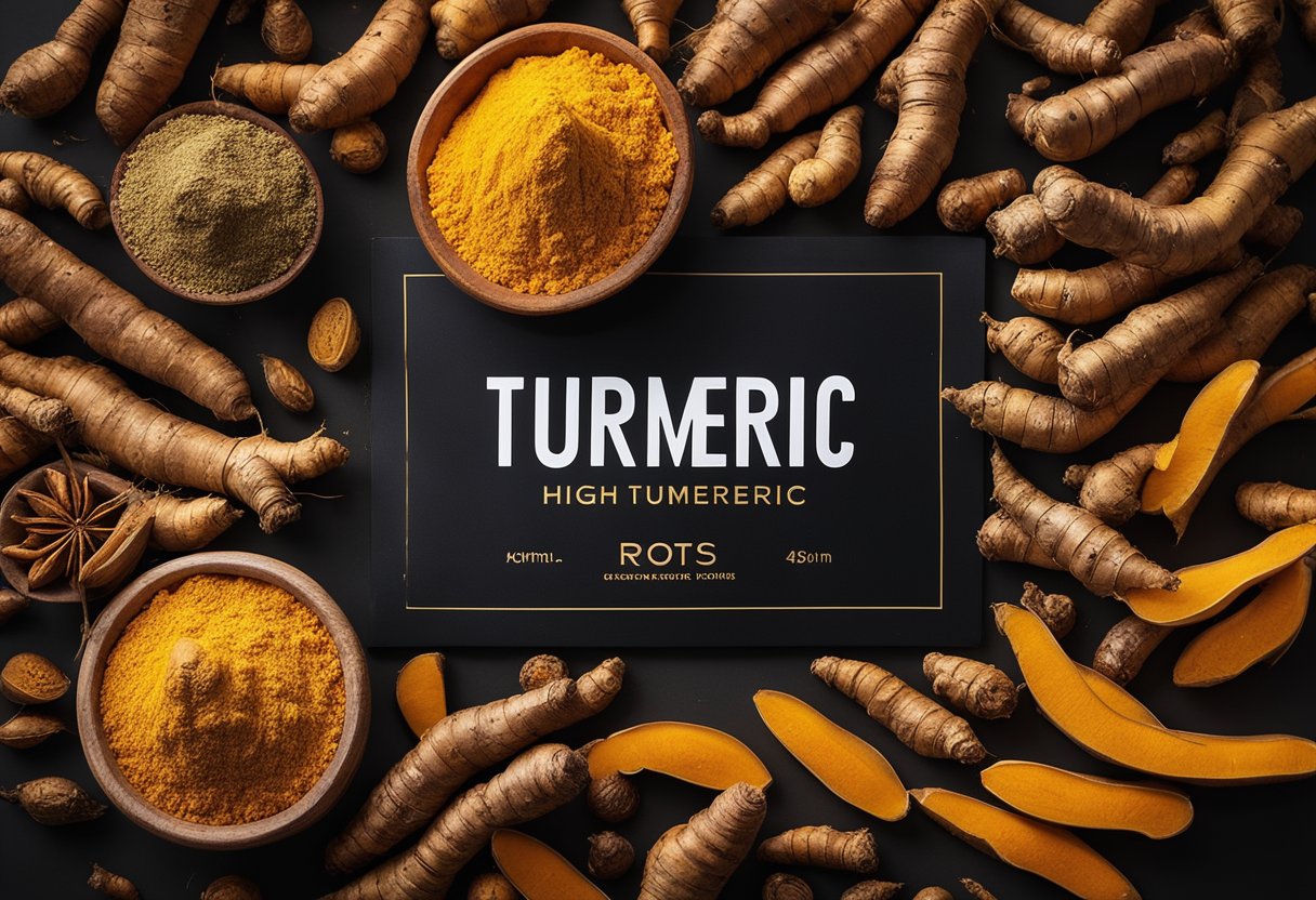 A vibrant display of high-quality turmeric roots and powder, with clear labeling and organic certification. Bright lighting and earthy tones create a warm and inviting atmosphere